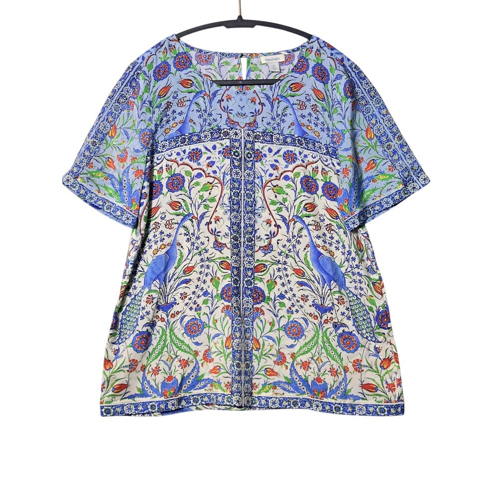 Sundance Izmir 100% Silk Blouse M Blue Colorful Peacock Floral Boho Statement